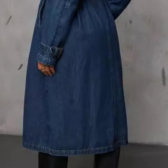Denim Trench Coat Double Breasted Button-Up Collared Longline Belt Jean Jacket - Picture 9 of 12